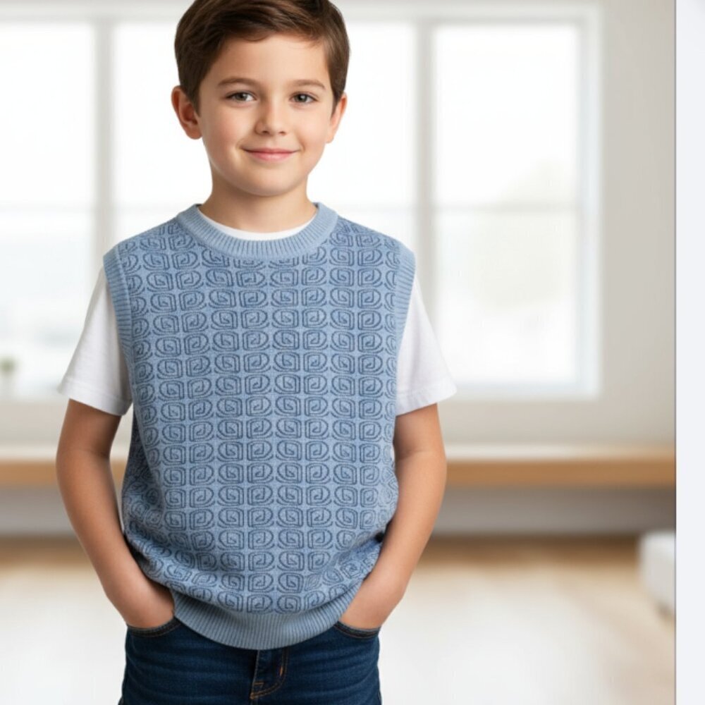 Mann Boys Sweater Vest Blue Size 10 Printed Knit Sleeveless Viscose & Nylon